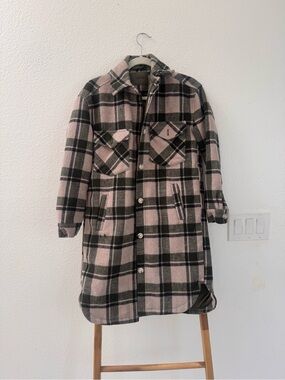 Blank NYC Pink and Black Plaid Long Trench Coat In XS Relaxed Fit Comfy Pockets